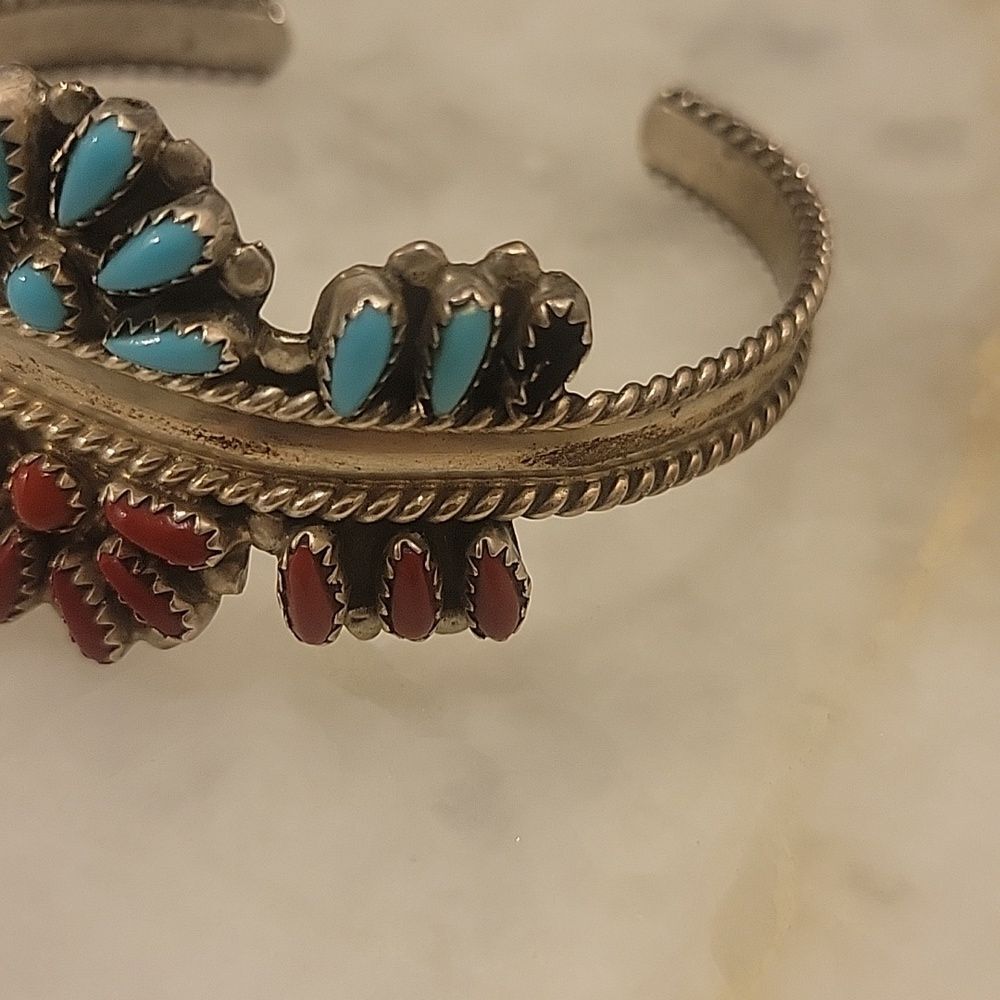 Signed Navajo Dewey Janette DJ Sterling Native Zuni Turquoise Coral Bracelet VTG - Picture 13 of 16